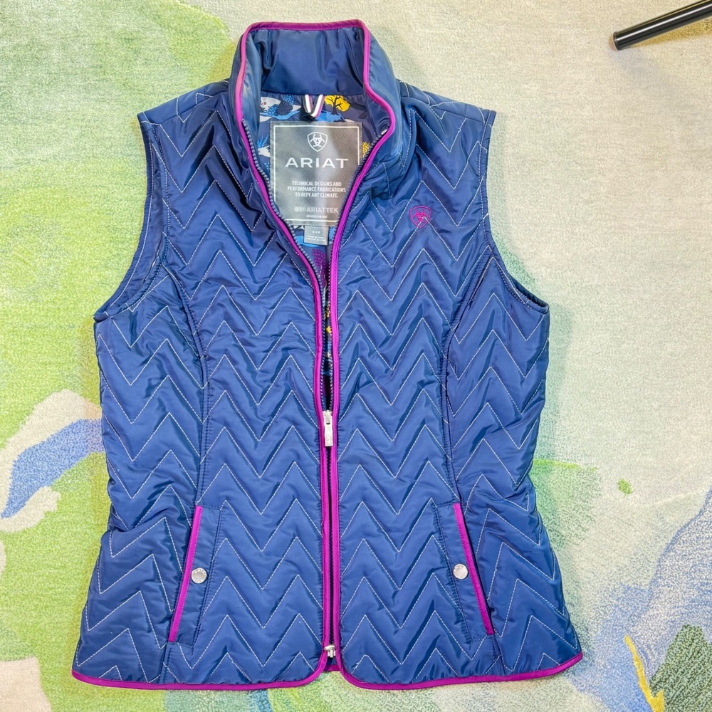 Ariat AriatTEK Quilted Vest Navy Blue Magenta Equestrian Print Lining Small